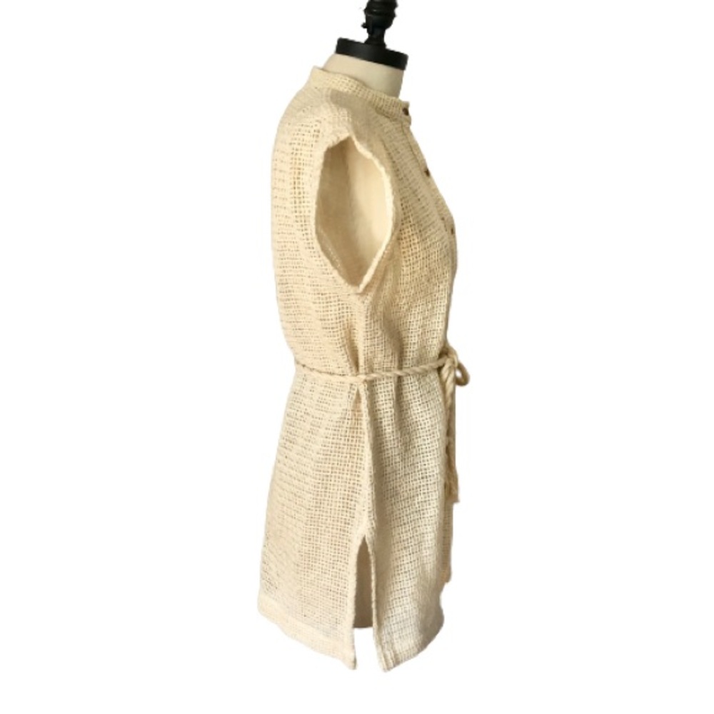 70s Vtg Open Knit Wood Button Rope Belted Tunic - Picture 6 of 17